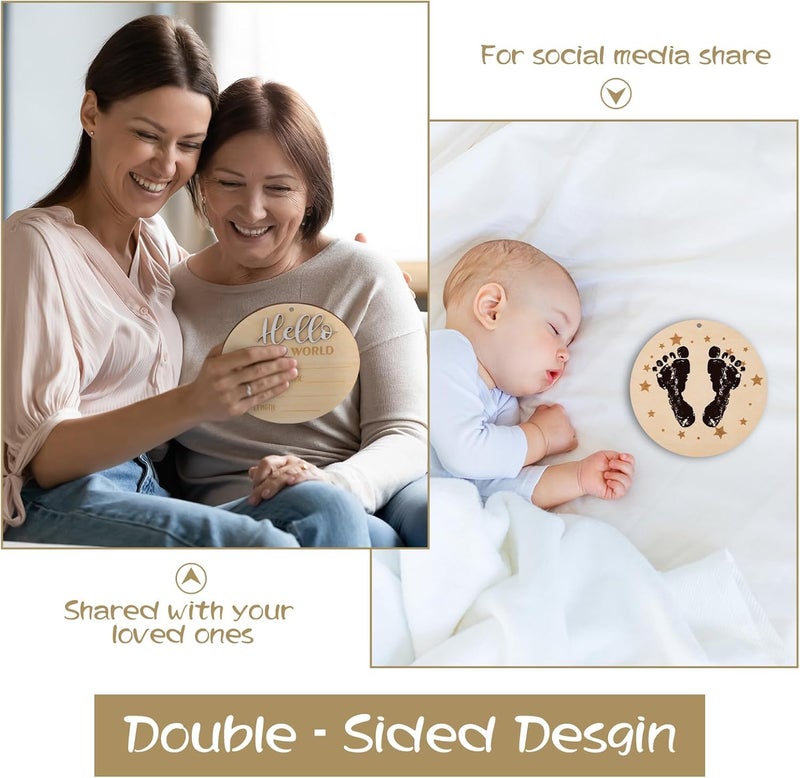 Giftacity Hello World Sign for Baby Announcement: Gender-Neutral Wooden Welcome Newborn Signs for Hospital with Footprint - Baby Birth Round Board for New Boy and Girl - Image 3